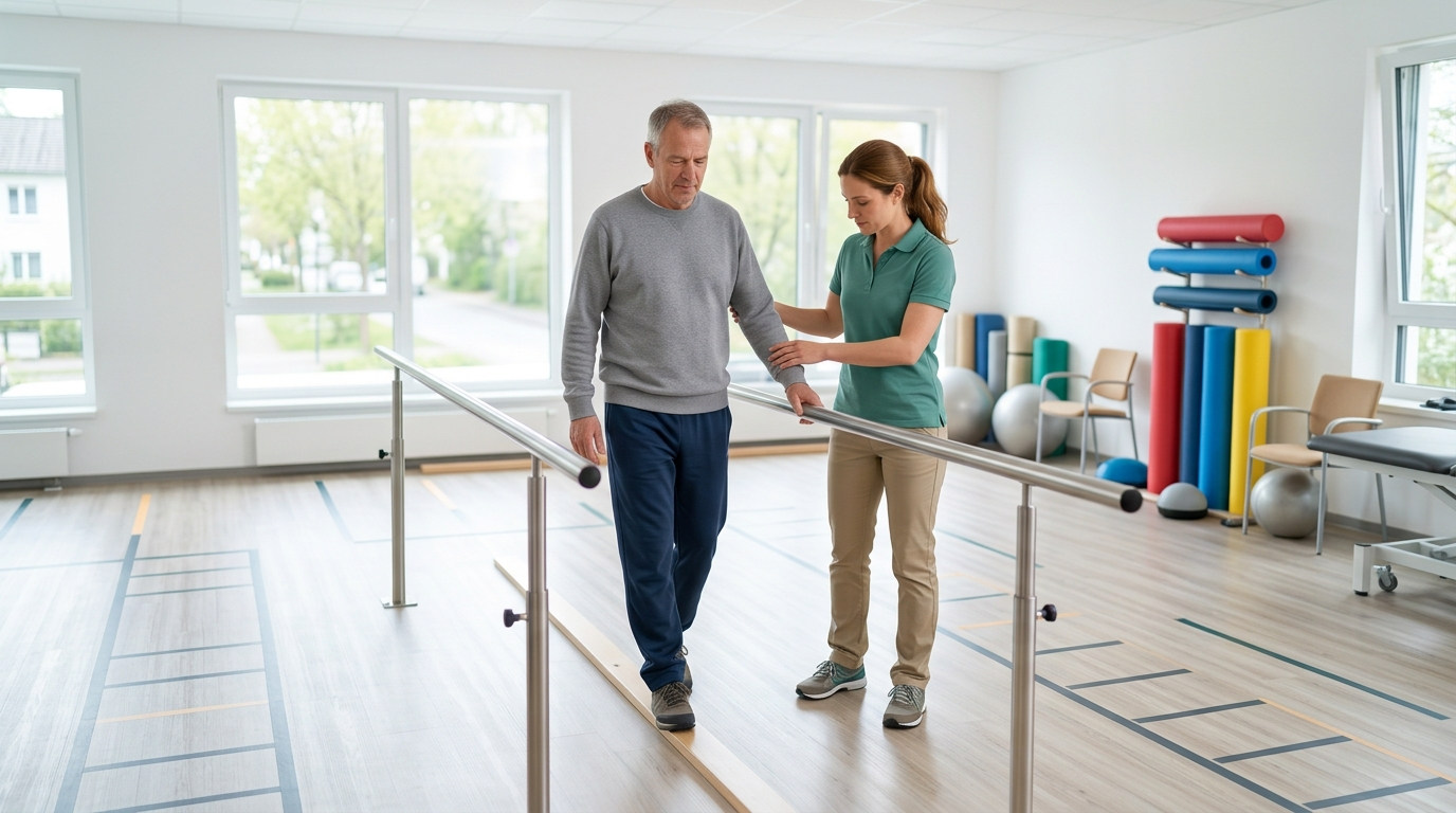Физиотерапевт помогает пациенту восстановить походку при полинейропатии